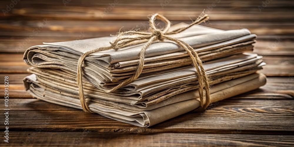 Stack of old newspapers tied with string on wooden surface, old newspapers, stack, tied, string, wooden surface, vintage, retro Stack of old newspapers tied with string on wooden surface, old newspapers, stack, tied, string, wooden surface, vintage, retro