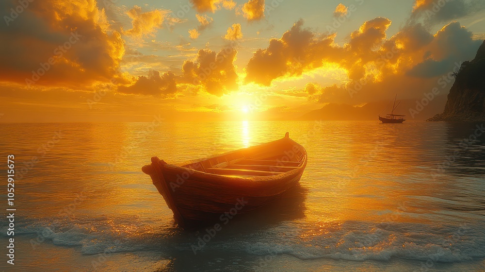 A Wooden Boat at Sunset on a Calm Ocean A Wooden Boat at Sunset on a Calm Ocean