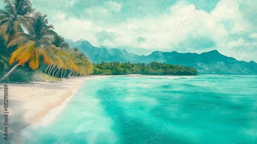 Tropical Beach Paradise: Serene Watercolor Landscape of Palm Trees, Turquoise Ocean, and Majestic Mountains 