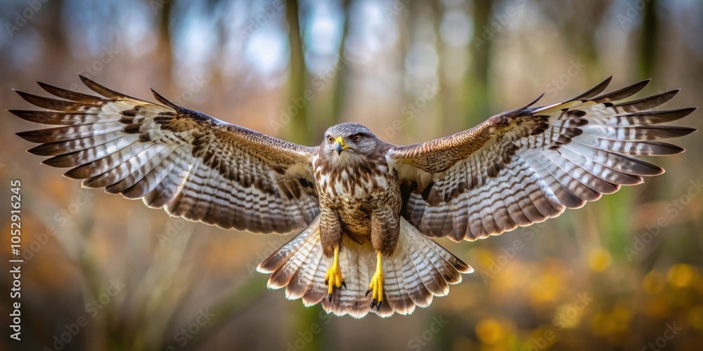 Fototapeta premium Common buzzard in flight with wings spread wide showcasing intricate feather patterns, bird, raptor, predator, flying, wings