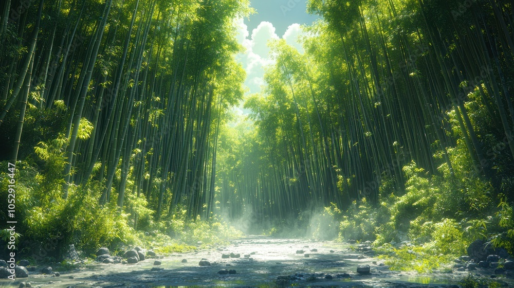 Obraz premium A Stream Winding Through a Lush Bamboo Forest