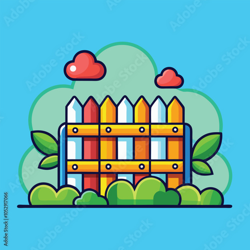Cute cartoon illustration of a colorful picket fence with green bushes in front of it. 