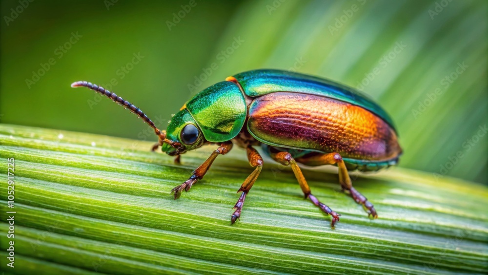 Naklejka premium Close-up of Anisoplia austriaca beetle resting on a green blade of grass, beetle, Anisoplia austriaca, insect, macro