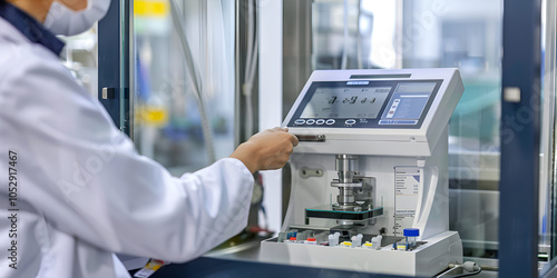 Wallpaper Mural Technician Operating Scientific Analyzer in Modern Laboratory, Hand Adjusting Settings on High-Tech Lab Equipment Display Screen Torontodigital.ca