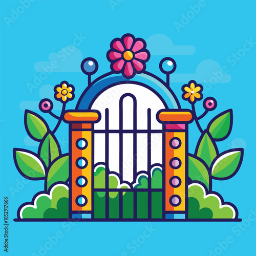 A colorful gate with a blue archway is adorned with flowers and greenery, set against a light blue sky. 