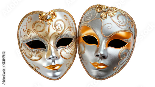 view of a pair of golden and silver masquerade masks transparant background