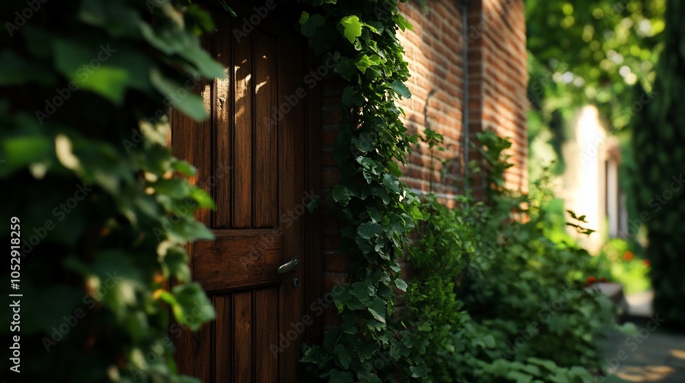 A wooden door with a brick wall covered in ivy vines. A wooden door with a brick wall covered in ivy vines.