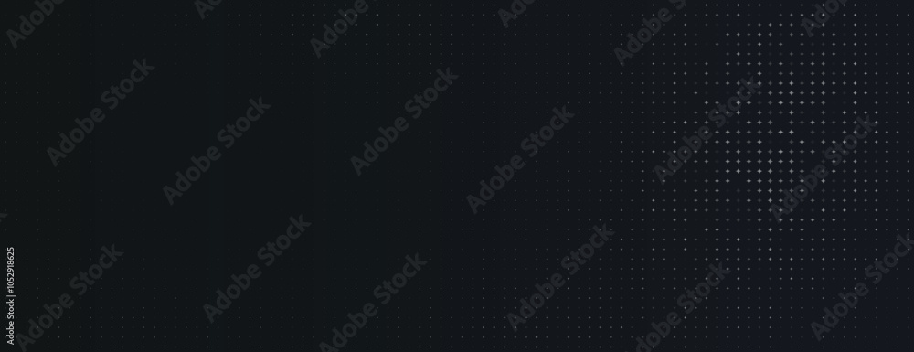 Dark background with a subtle dotted texture. The black background creates a sleek, modern look with black dots evenly spaced. Minimal halftone dotted texture vector background
