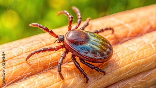 Close up of a tick bite on skin with erythema migrans, a common symptom of Lyme disease, tick, bite, skin, erythema migrans photo