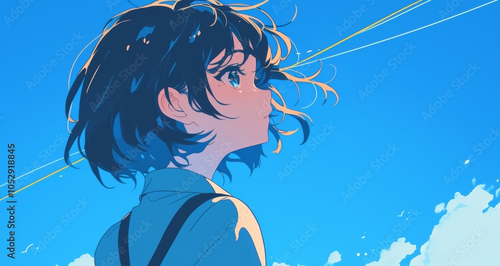 Fototapeta premium A close-up side view illustration of a girl with short hair looking up at the sky, dressed in blue and black suspenders.