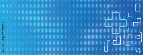 Blue background with a pixelated texture. The background features a blue gradient with abstract geometric shapes. Minimal abstract halftone gradient background, healthcare vector graphic