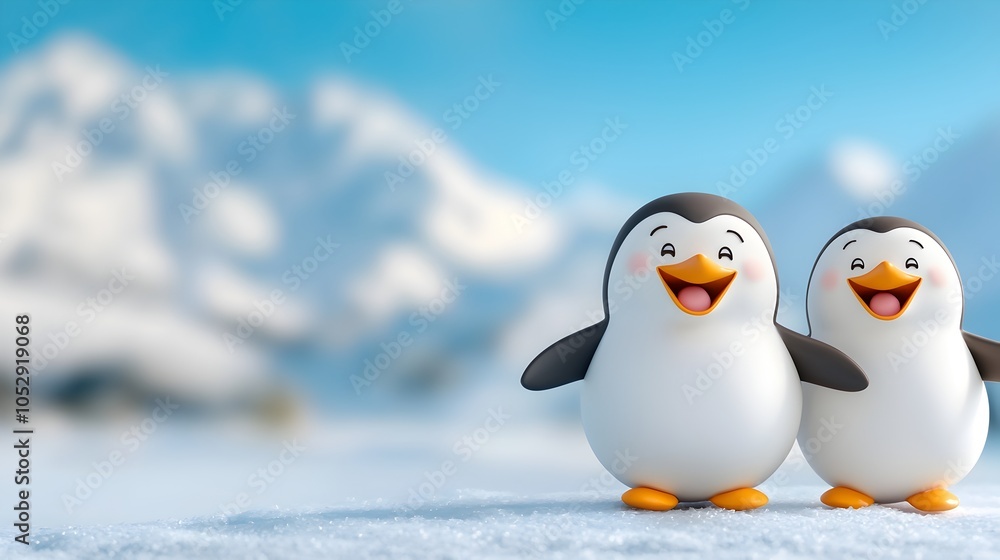 Fototapeta premium Whimsical 3D clay penguins happily sliding and laughing as they tumble down an icy slope in a charming winter landscape animation
