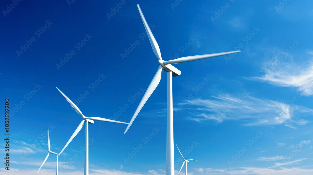 Wind turbines stand tall against clear blue sky, symbolizing renewable energy and sustainability. Their sleek design and motion capture essence of modern technology and environmental consciousness Wind turbines stand tall against clear blue sky, symbolizing renewable energy and sustainability. Their sleek design and motion capture essence of modern technology and environmental consciousness