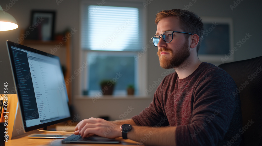 focused man working on computer in cozy home office, illuminated by soft light. His concentration reflects productive atmosphere. focused man working on computer in cozy home office, illuminated by soft light. His concentration reflects productive atmosphere.