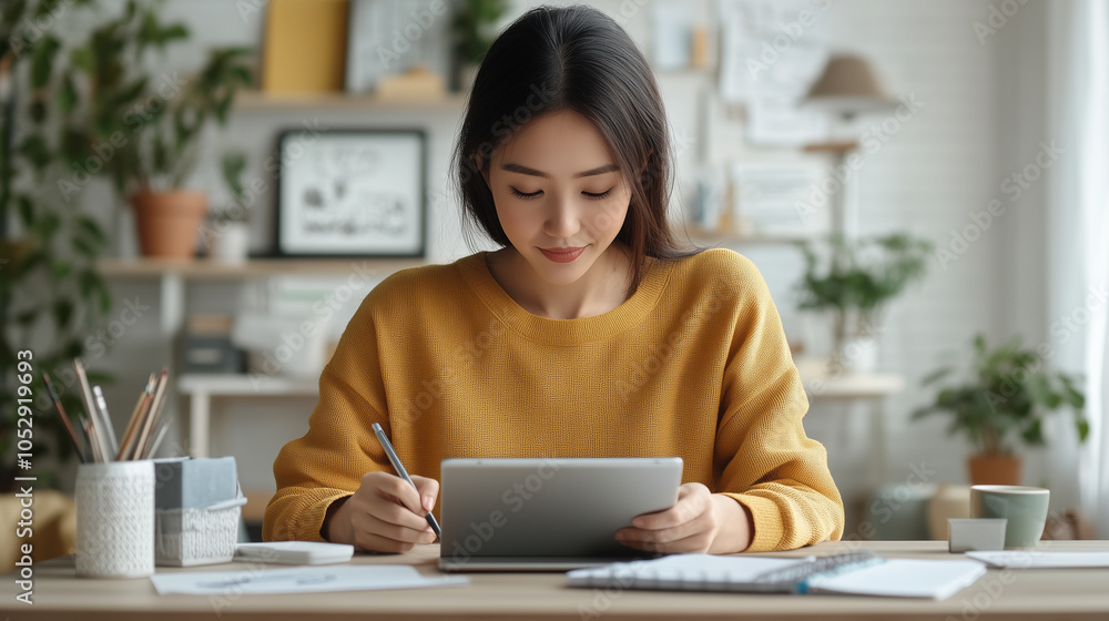 young woman in cozy workspace, focused on her tablet while sketching ideas. warm atmosphere is enhanced by plants and stylish decor. young woman in cozy workspace, focused on her tablet while sketching ideas. warm atmosphere is enhanced by plants and stylish decor.
