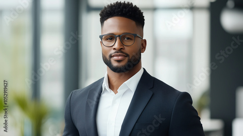 confident man in suit with glasses stands in modern office environment, exuding professionalism and style. His expression reflects determination and success.