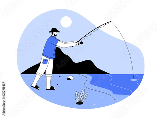 Male fishing on the beach. Fishing illustration. Flat vector illustration.