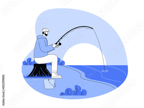 Male fishing on the beach. Fishing illustration. Flat vector illustration.