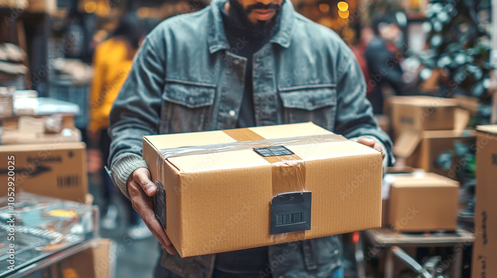 person is holding newly received parcel in busy environment filled with boxes and people. excitement of unboxing is palpable as they prepare to discover whats inside person is holding newly received parcel in busy environment filled with boxes and people. excitement of unboxing is palpable as they prepare to discover whats inside