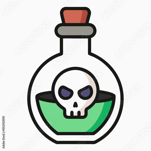 Minimalist vector illustration of a potion bottle silhouette with a skull label on a white background