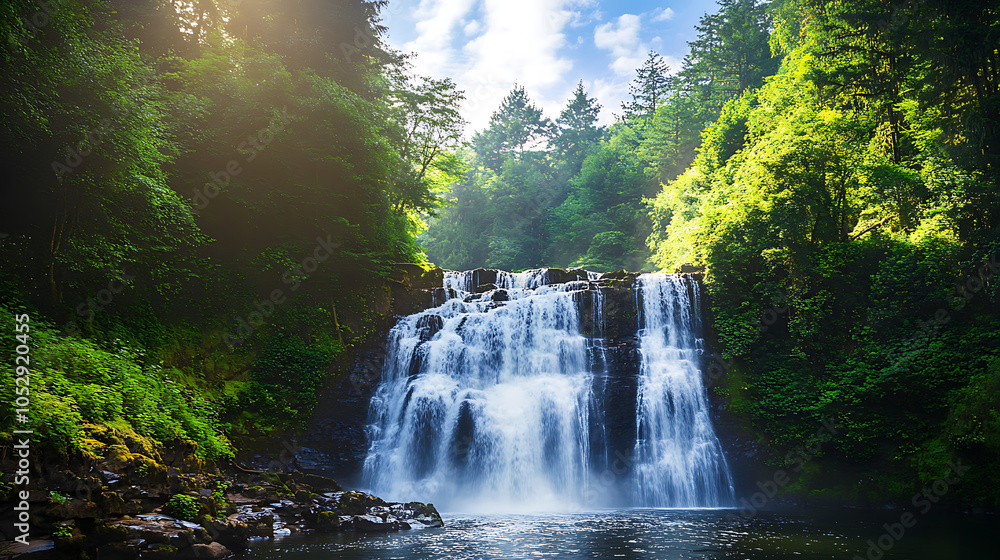 A panoramic view of a multi-tiered waterfall surrounded by dense forest, showcasing the beauty of nature in summer A panoramic view of a multi-tiered waterfall surrounded by dense forest, showcasing the beauty of nature in summer