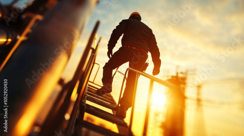 wind turbine technician climbing ladder during sunset, showcasing determination and skill in challenging environment. silhouette against vibrant sky evokes sense of adventure and hard work photo