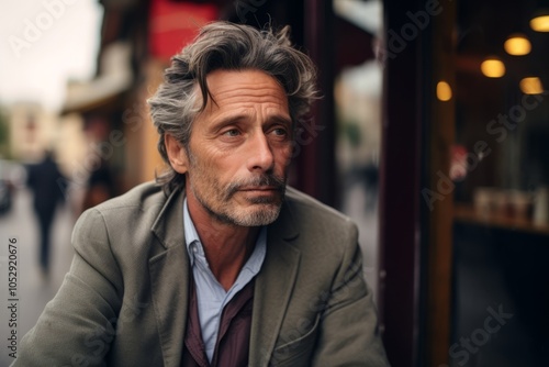 Portrait of a handsome middle-aged man with gray hair, wearing a beige jacket, standing in a street cafe.