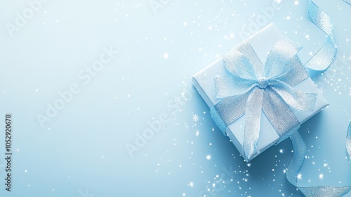 Beautifully wrapped gift box with a blue ribbon on a light blue surface. Festive and elegant winter-themed holiday card background.  photo