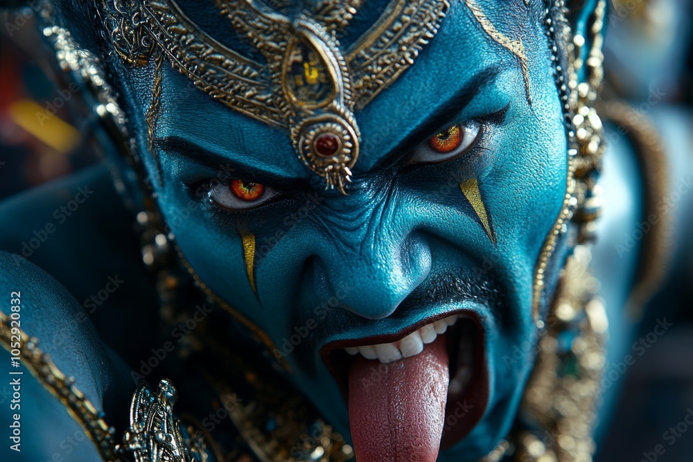 Obraz premium A close-up of Goddess Kali's fierce face, with intense eyes, blood-red tongue extended, and her third eye open