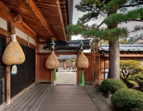 Kadomatsu (pine entrance adornments) and Shimekazari
(straw ropes with ornaments)  photo