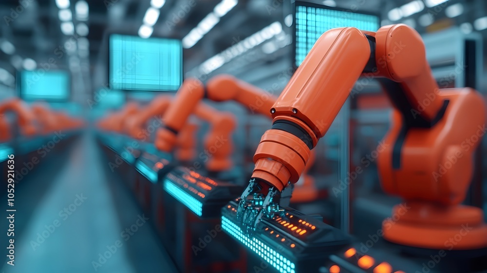 Autonomous robots working together in a futuristic neon accented car factory Autonomous robots working together in a futuristic neon accented car factory