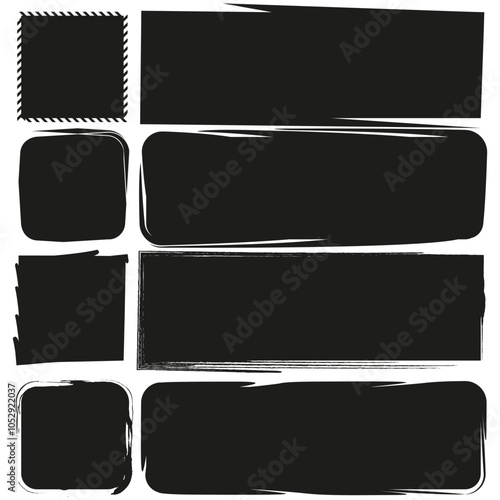 Grunge brush frame set. Distressed square and rectangle shapes. Rough ink borders. Abstract black frames.