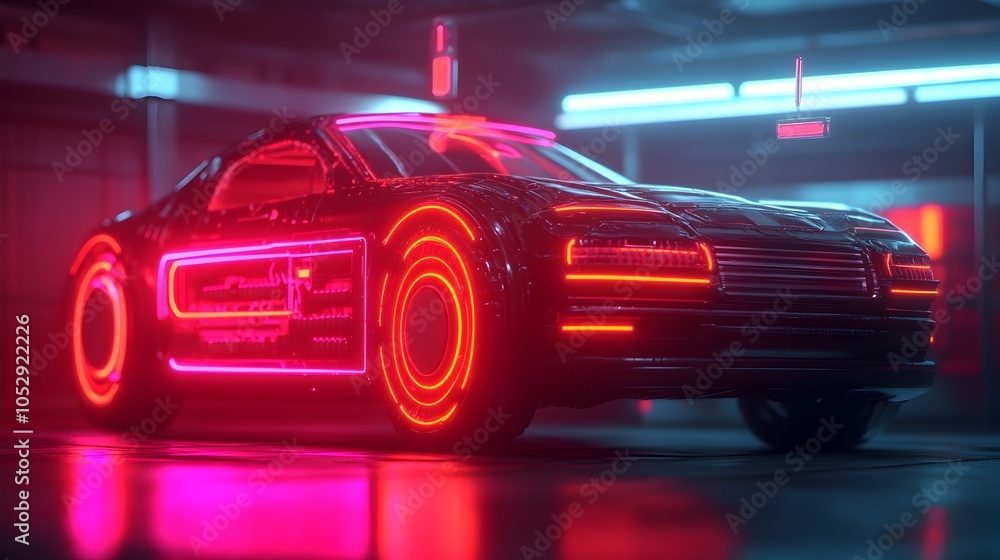 Naklejka premium Advanced robot meticulously performing laser precision repairs on the futuristic car s complex system with glowing holographic tools floating around in a dark