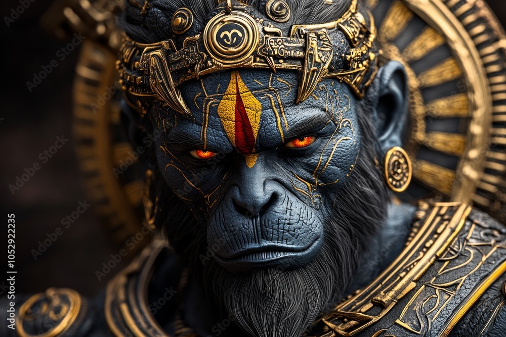 Fototapeta premium A hyper-realistic close-up of Hanumanâ€™s face, with lifelike details capturing his determination and wisdom