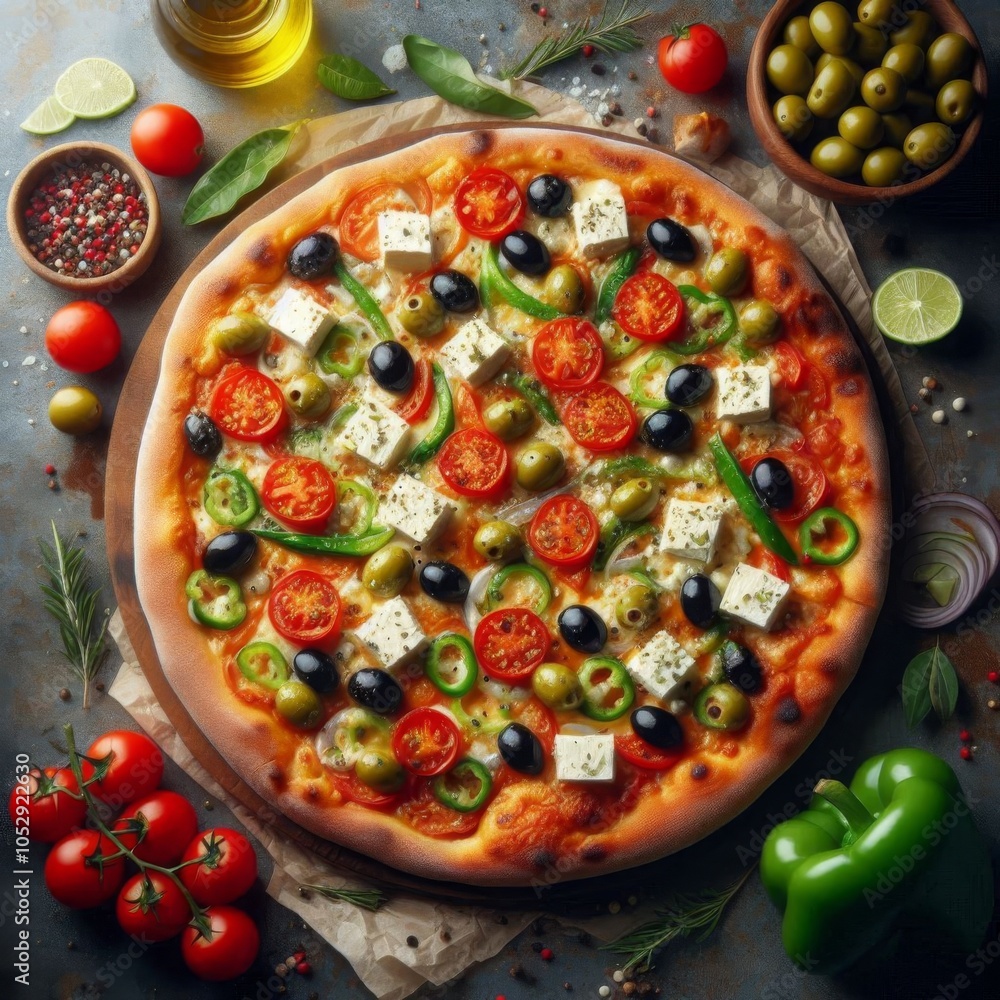 Greek style pizza with feta cheese, olives, tomatoes, and green peppers Greek style pizza with feta cheese, olives, tomatoes, and green peppers