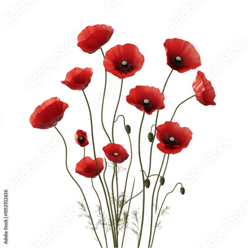 A bouquet of red poppy flowers with green stems and leaves.