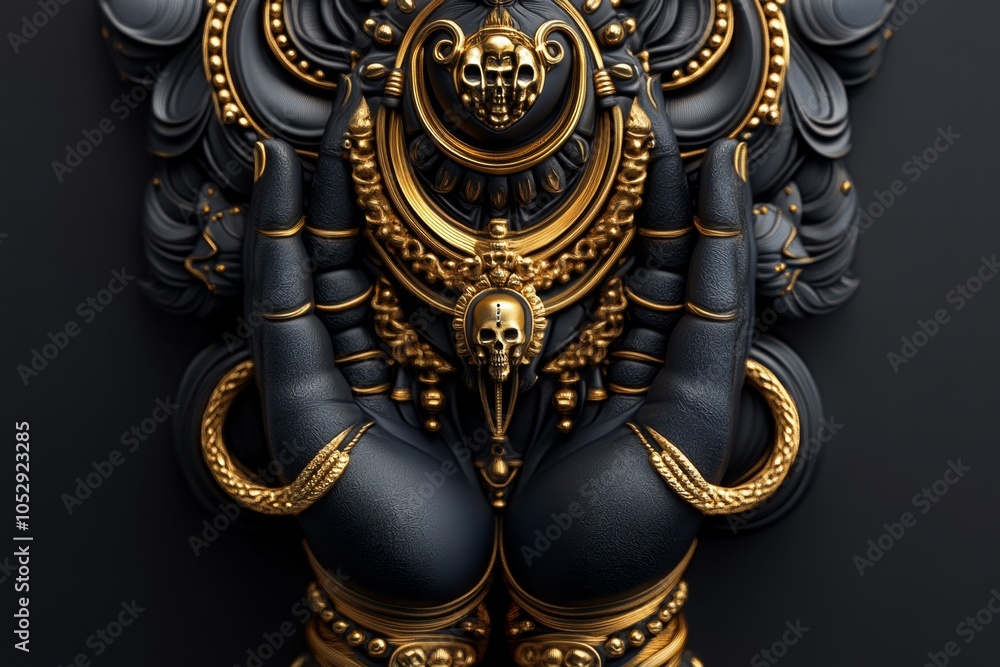 Fototapeta premium A realistic statue of Goddess Kali, showing intricate details of her jewelry, skull garland, and multiple arms