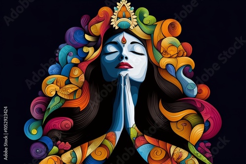 A retro-styled image of Kali in vibrant colors reminiscent of classic Indian artwork, with her figure surrounded by symbolic patterns