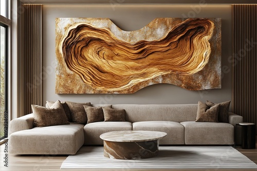 A modern living room with a large abstract painting in warm, earthy tones. photo