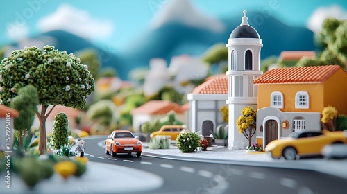 Vibrant 3D clay cityscape with whimsical animated cars buildings and cheerful characters creating a lively and dynamic urban landscape
