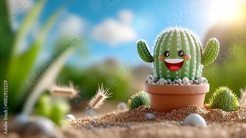 Quirky 3D clay cactus with a smiling face dancing playfully in a desert landscape surrounded by animated tumbleweeds  A whimsical surreal and humorous conceptual artwork