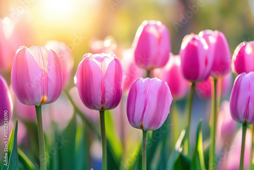 Pink tulips in the sun against a blue sky.