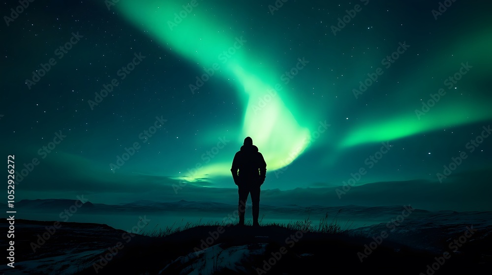 Fototapeta premium Aurora borealis and silhouette of standing man on the mountain. Aurora and traveller. Starry sky and green polar lights. Night landscape with northern lights and people. Concept. Nature background . 