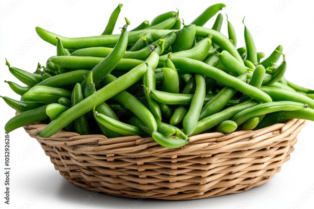 a 2D cartoon illustration of a basket filled with fresh green beans farm fresh white background a 2D cartoon illustration of a basket filled with fresh green beans farm fresh white background