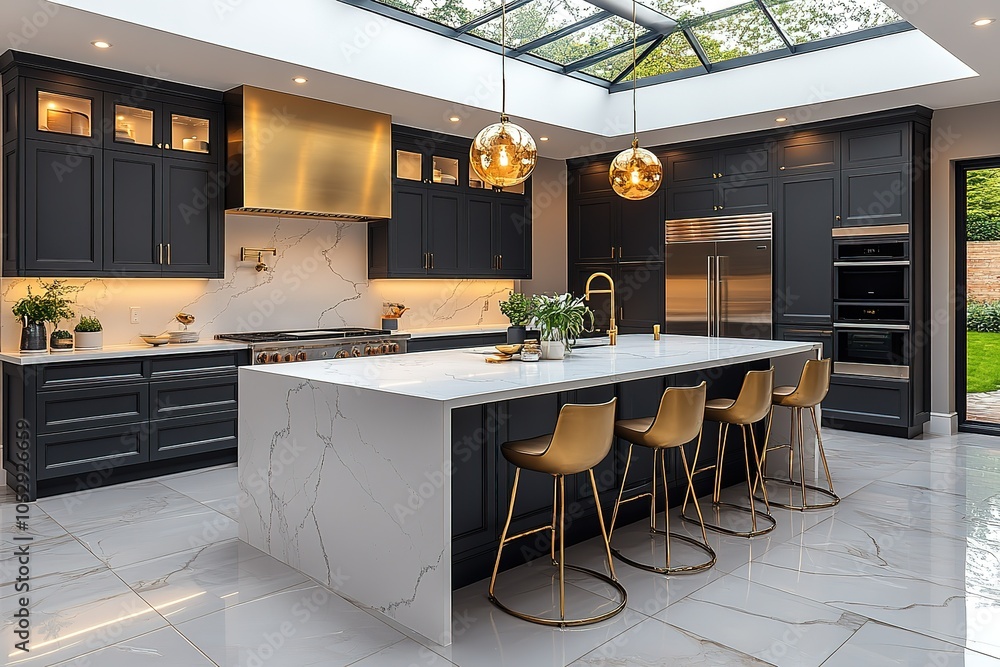 A modern kitchen featuring sleek black cabinets, a large marble island, gold accents, and a skylight.