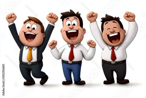 a 2D cartoon illustration of a business team celebrating a big win excitement and teamwork white background