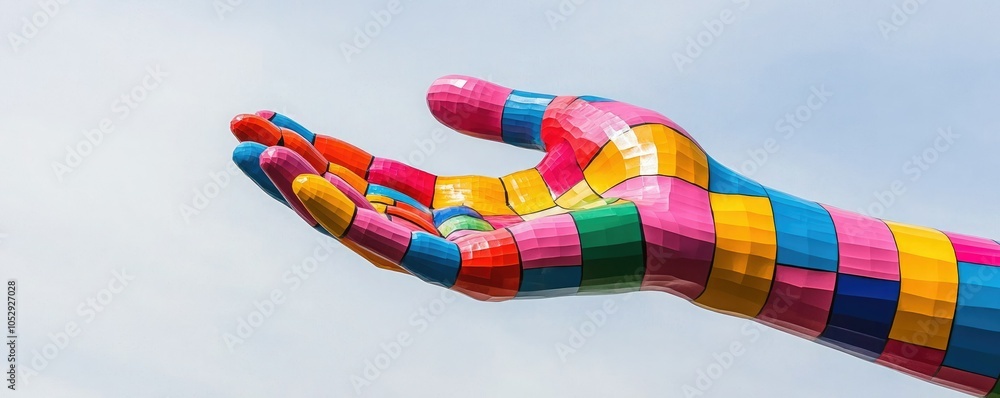 Fototapeta premium A vibrant, multicolored hand sculpture reaches out against a clear sky, symbolizing creativity and expression.
