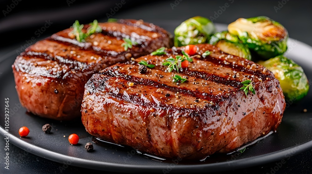 Grilled Beef Steaks with a Peppercorn Crust Served Alongside Roasted Brussels Sprouts for a Delectable Gourmet Dish Grilled Beef Steaks with a Peppercorn Crust Served Alongside Roasted Brussels Sprouts for a Delectable Gourmet Dish