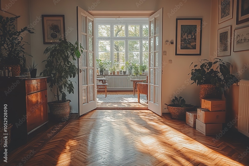 Fototapeta premium Sunlight streams through a doorway into a vintage-styled living room, illuminating the hardwood floor and potted plants.