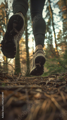 Runner shoes forest trail motion blur, action shot ground perspective,GoPro photography dynamic energy, forest landscape active lifestyle, outdoor fitness adventure,bottom,exercise,jog,sport,motion